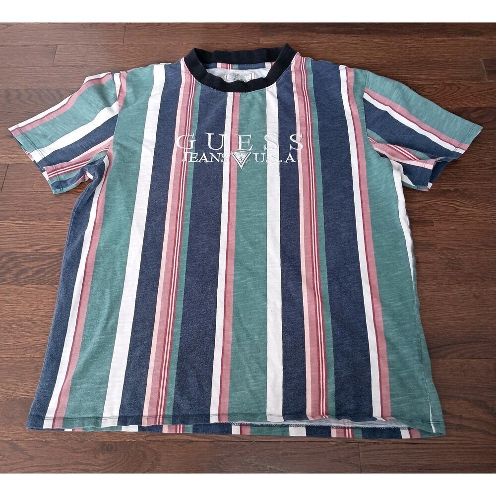 Guess Jeans Shirt Mens Medium Spellout Colorblock Retro Style Striped Tee FLAWS